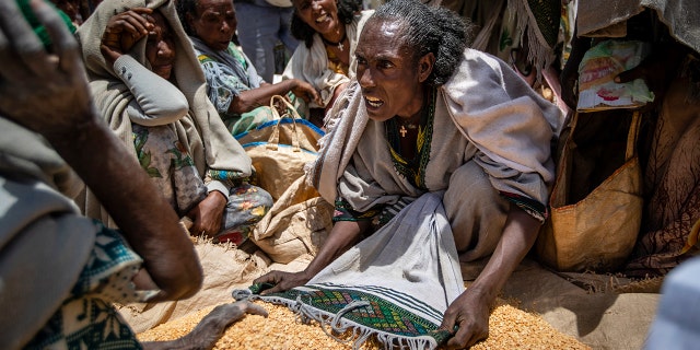 An Ethiopian woman argues with others over the allocation of yellow split peas distributed by the Relief Society of Tigray in the town of Agula, in the Tigray region of northern Ethiopia, on May 8, 2021. In war-torn Tigray, it is not just that people are starving; it is that many are being starved, The Associated Press found.