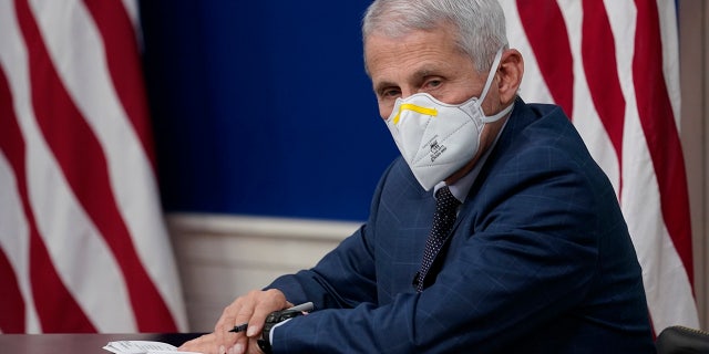 Dr. Anthony Fauci, the top U.S. infectious disease expert, wears a face mask during the White House COVID-19 Response Team's regular call with the National Governors Association in the South Court Auditorium in the Eisenhower Executive Office Building on the White House Campus. (AP Photo/Carolyn Kaster)