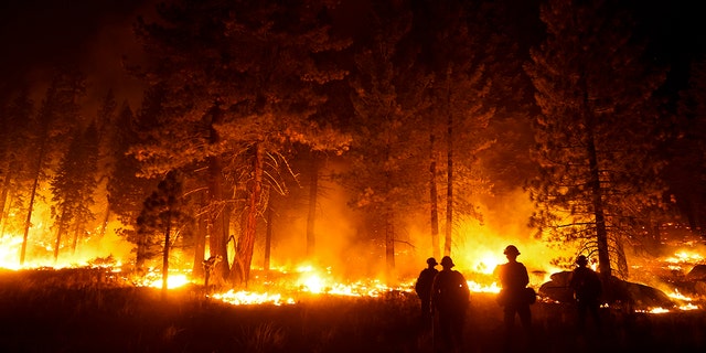 A firefighter lights a backfire to stop the Caldor Fire from spreading near South Lake Tahoe, California, Wednesday, Sept. 1, 2021. 