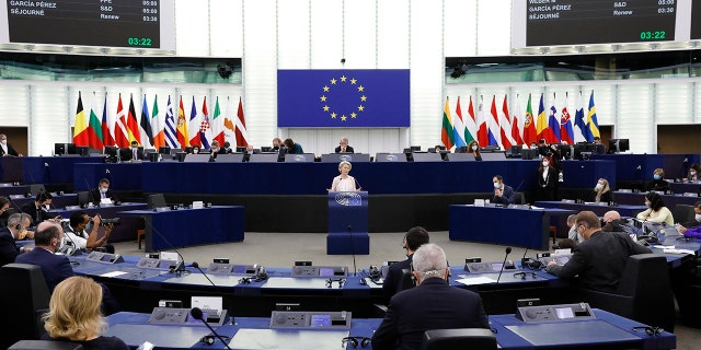 European Commission President Ursula von der Leyen delivers a speech during a plenary session at the European Parliament in Strasbourg, eastern France on Wednesday, Dec. 15, 2021. European Commission President Ursula von der Leyen says omicron is expected to be the dominant variant of the coronavirus in the 27-nation bloc in mid-January. 