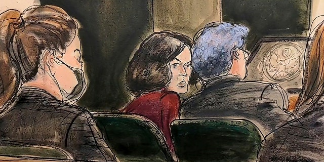 In this courtroom sketch, Ghislaine Maxwell center in court during her sex-abuse trial, in New York, Wednesday, Dec. 8, 2021.