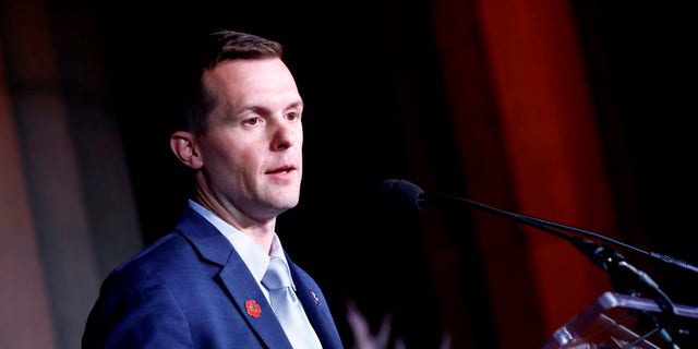 Congressman, U.S. Marine Corps veteran and Moral Courage Award recipient Jared Golden speaks on stage during Headstrong Washington DC Gala.. (Photo by Paul Morigi/Getty Images for Headstrong )