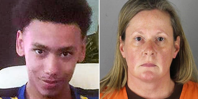 At right is an undated booking photo showing Kim Potter, a former Brooklyn Center, Minnesota, police officer facing trial in the death of Daunte Wright. (Hennepin County Sheriff via AP)