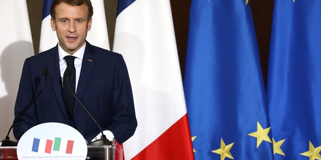 Emmanuel Macron, President of France, speaks at a press conference in Rome on November 26, 2021.