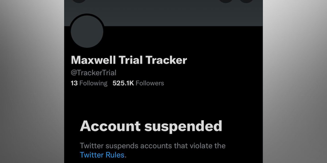 A December 8, 2021 screenshot of the suspended Maxwell Trial Tracker account on Twitter