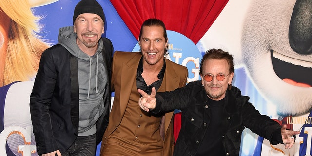 (LR) The Edge, Matthew McConaughey and Bono attend the Premiere of Illumination's "Sing 2."