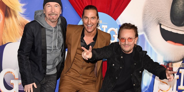 (LR) The Edge, Matthew McConaughey and Bono attend the Premiere of Illumination's "Sing 2."