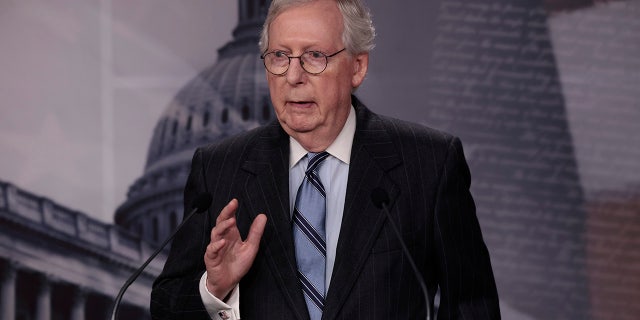 WASHINGTON, DC - DECEMBER 16: Senate Minority Leader Mitch McConnell says, "The reason the Democrats want to get rid of the filibuster is they want to admit two new states, the District of Columbia and Puerto Rico, and pack the Supreme Court and fundamentally change the structure of America forever (Photo by Anna Moneymaker/Getty Images)