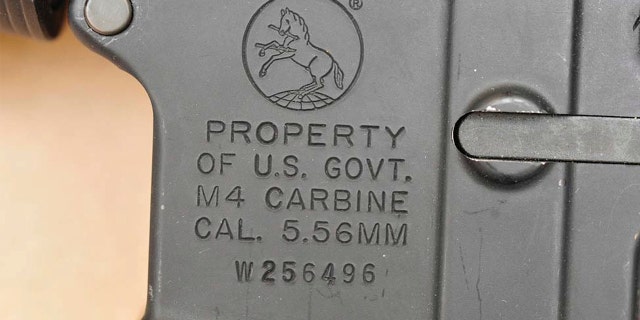 This evidence photo shows a detail from one of the six automatic M4 assault rifles that were stolen from the Lincoln Stoddard Army Reserve Center in Worcester, Massachusetts.