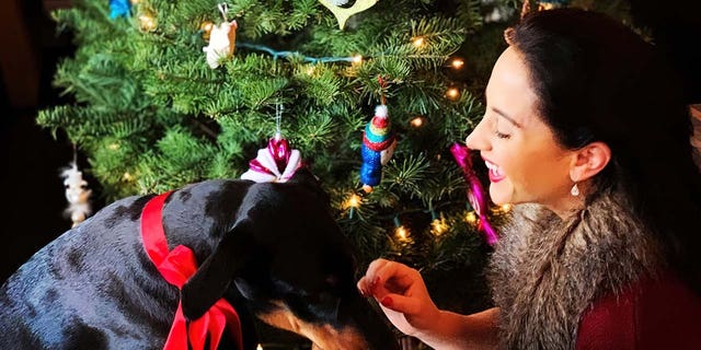 Emily Compagno and her dog, Duchess, in front of the family's beautifully decorated Christmas tree. 