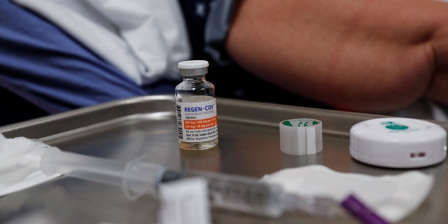 A vial of Regeneron monoclonal antibody sits on a medical table at the Sarasota Memorial Urgent Care Center in Sarasota, Florida, U.S., September 23, 2021.