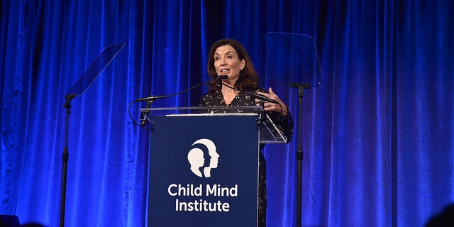 Governor Kathy Hochul speaks at Child Mind Institute Child Advocacy Award Dinner at Cipriani 42nd Street on November 16, 2021, in New York City.