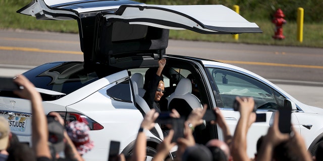 Sian Proctor was ferried to the launch pad in a Tesla Model X.