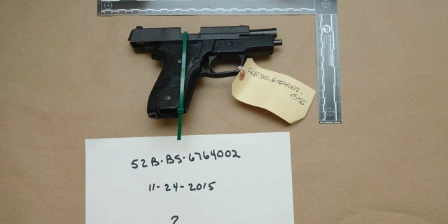 This evidence photo shows one of 10 M11 semiautomatic handguns stolen from the Lincoln Stoddard Army Reserve Center in Worcester, Massachusetts.