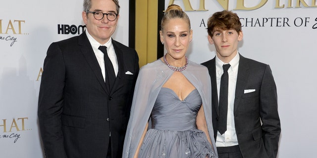 (L-R) Matthew Broderick, Sarah Jessica Parker and James Wilkie Broderick attend HBO Max's "And Just Like That" New York Premiere at Museum of Modern Art on December 8, 2021 a New York City.