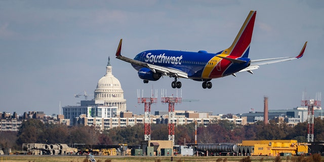 A Southwest Airlines plane lands at Ronald Reagan Washington National Airport Nov. 23, 2021, in Arlington, Virginia. Recently, the incoming CEO of the company opened up about challenges amid the COVID-19 pandemic.