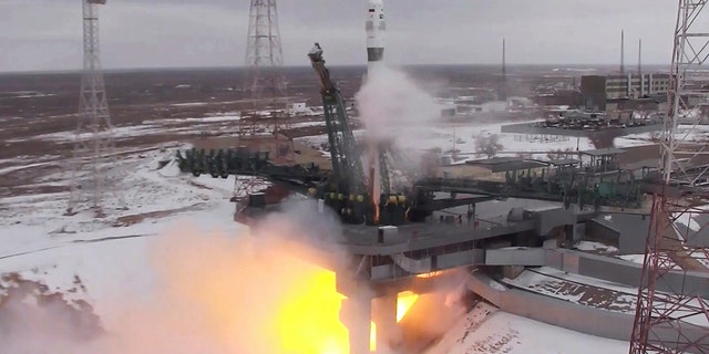 The Soyuz MS-20 spaceship carrying Yusaku Maezawa blasts off from the Russian-leased Baikonur cosmodrome, Kazakhstan, Wednesday, Dec. 8, 2021. 