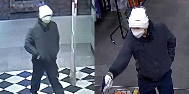 The suspect was described as a White male, 約 6 フィート, and wearing a white beanie cap, white face mask and dark clothing.
