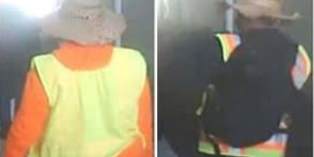 La policía de Torrance publicó dos fotos de sospechosos con sombreros de ala ancha y chalecos reflectantes..