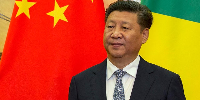 Chinese President Xi Jinping stands in front of national flags of China and Republic of Congo during a meeting with visting Congolese dignitaries at the Great Hall of the People in Beijing, China, Tuesday, July 5, 2016.