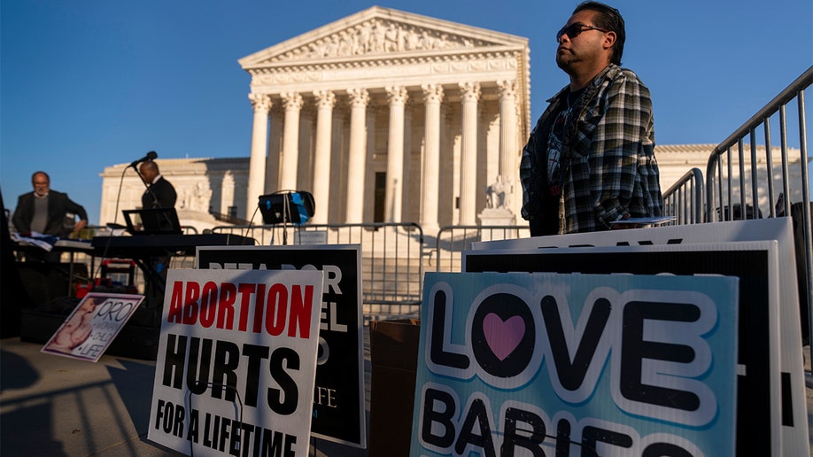 People gather at an anti-abortion rally outside of the Supreme Court in Washington, Tuesday, Nov. 30, 2021, as activists begin to arrive ahead of arguments on abortion at the court in Washington.