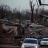 Heavy damage is seen downtown after a tornado swept through the area on Dec. 11, 2021 in Mayfield, Kentucky.  