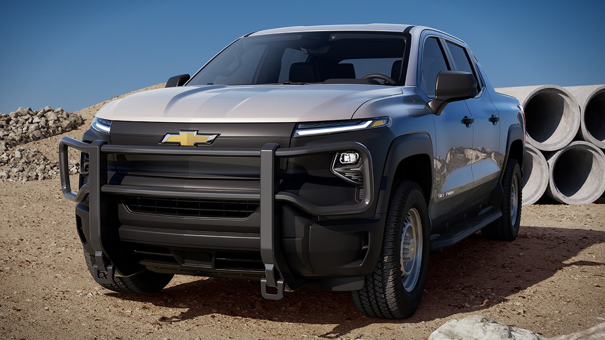The Silverado EV is compatible with a front brush guard protecting its "frunk".