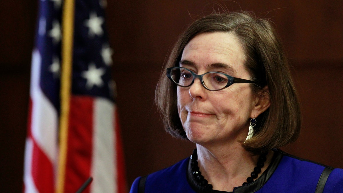 Oregon Governor Kate Brown speaks at the state capital building in Salem, Oregon, February 20, 2015.