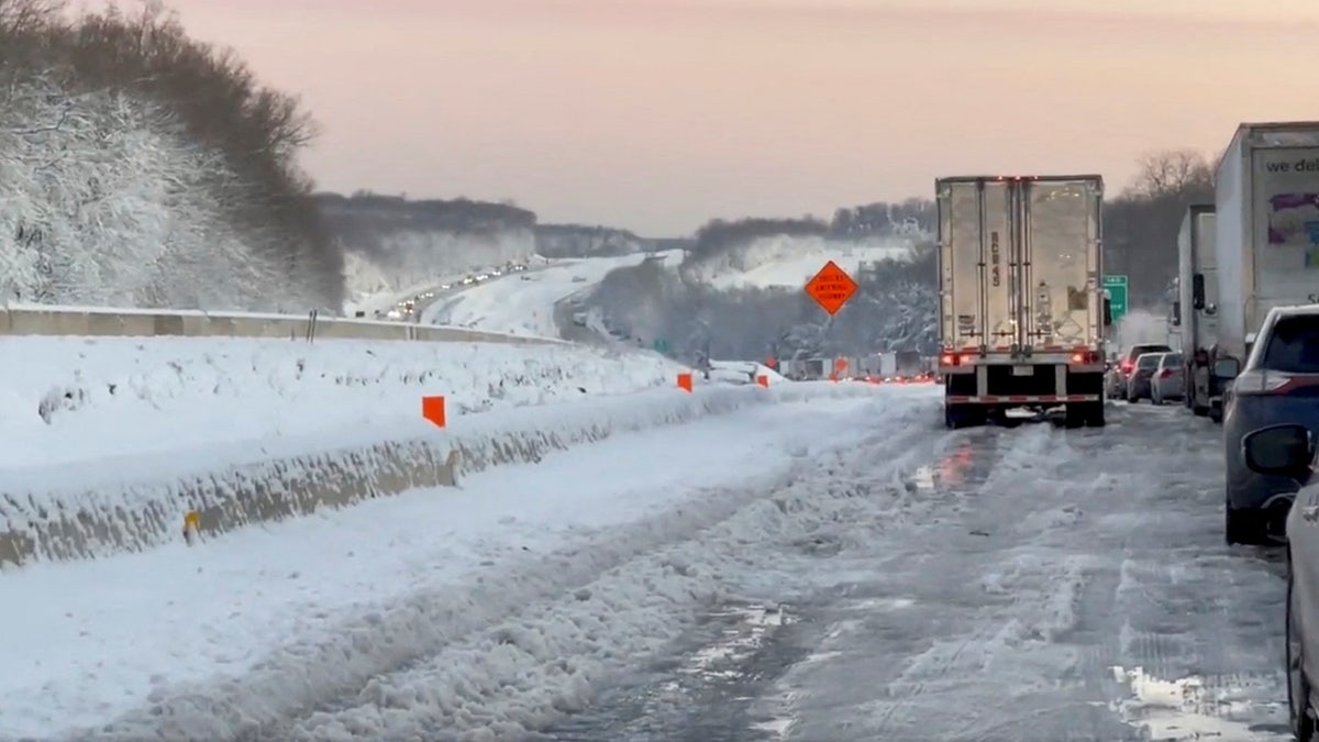 Vehicles are stuck in gridlock in the morning on the Interstate Highway I-95 near Stafford, Virginia, U.S., January 4, 2022 in this still image obtained from a social media video. Susan Phalen/via REUTERS