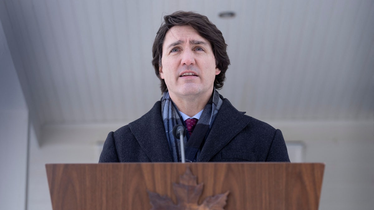 Canada's Prime Minister Justin Trudeau, who said that he had tested positive for coronavirus disease (COVID-19), speaks during a media availability held at a location which is not being made public for security reasons, near Ottawa, Ontario, Canada January 31, 2022. Adrian Wyld/Pool via REUTERS