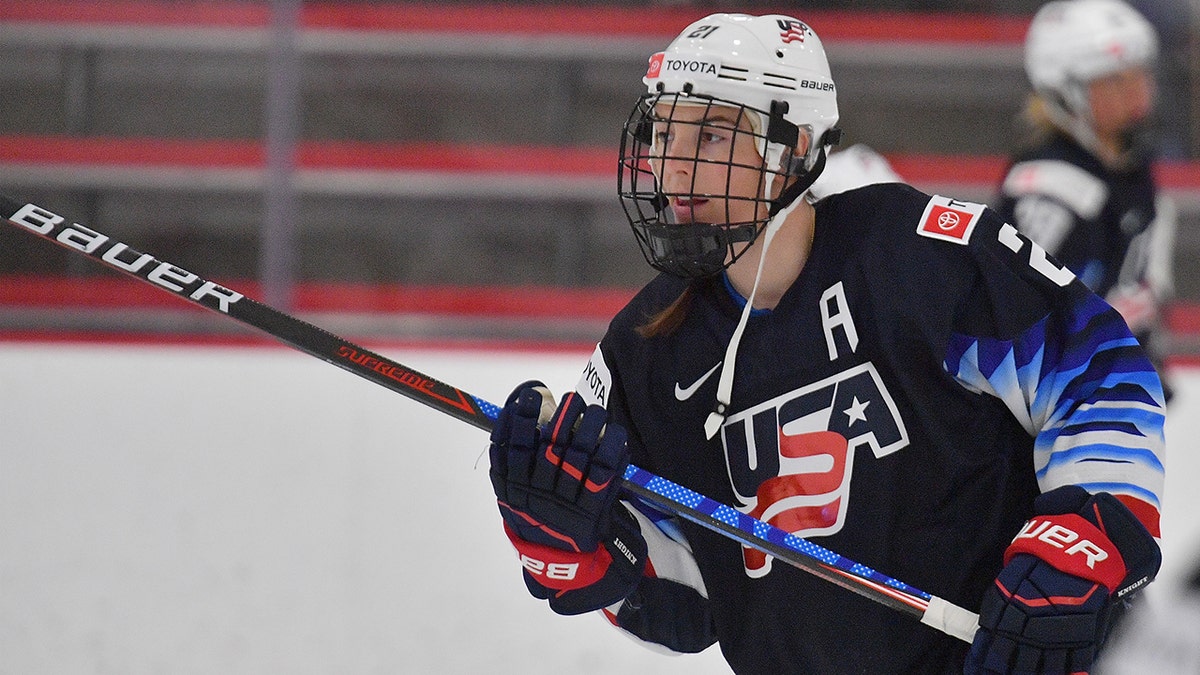 Hilary Knight #21 of the United States women's national hockey team warms up before an exhibition game against the New Mexico Ice Wolves at Outpost Ice Arenas on November 09, 2021 in Albuquerque, New Mexico.