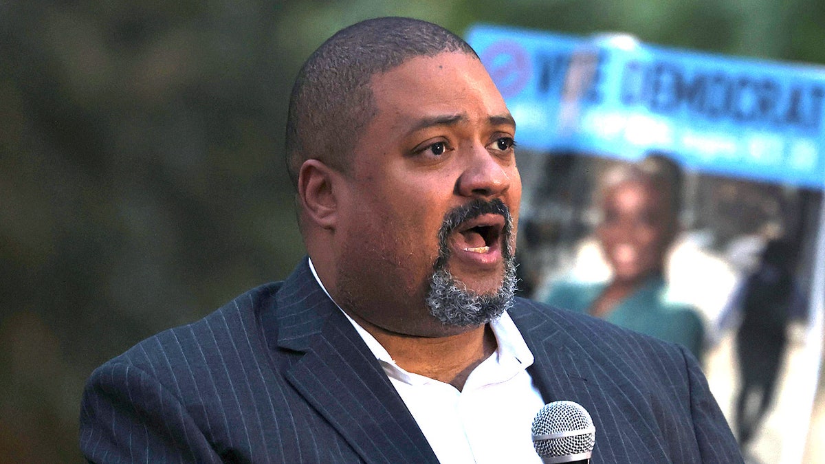 Then-district attorney candidate Alvin Bragg speaks during a Get Out the Vote rally at A. Philip Randolph Square in Harlem on Nov. 1, 2021, in New York City.