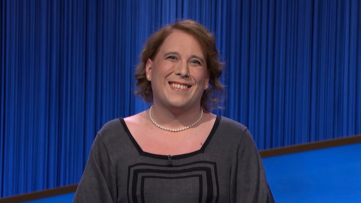 Amy Schneider on the set of "Jeopardy!"