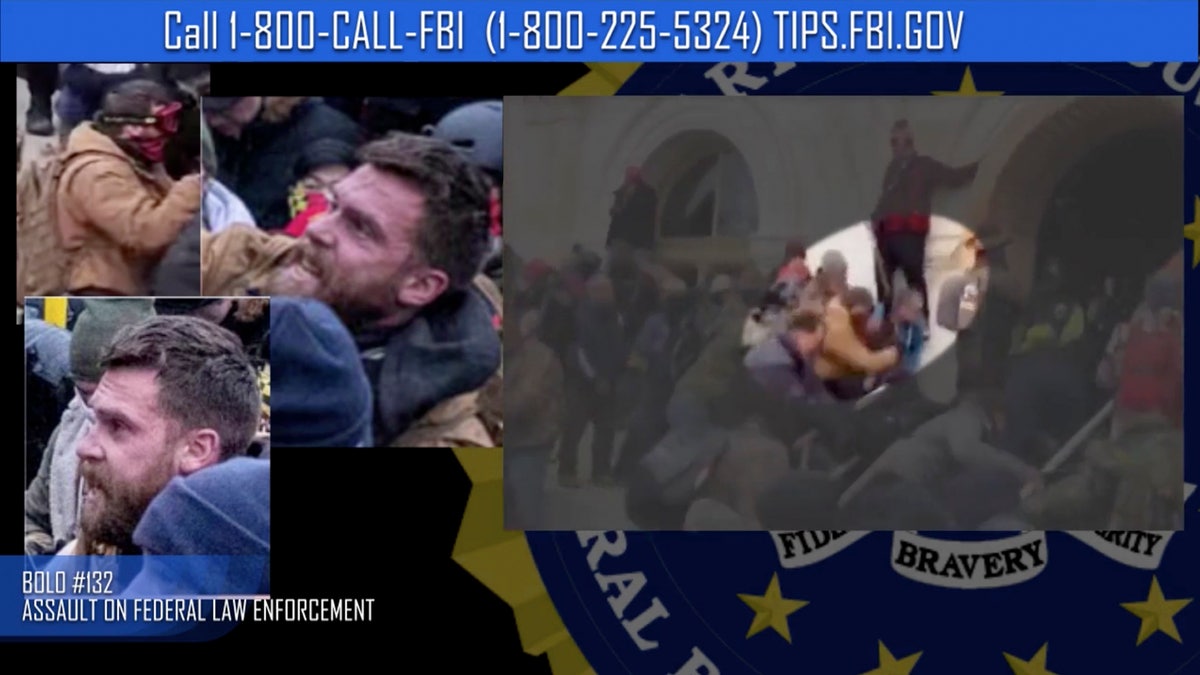 This image from FBI video is seeking information on a suspect in the violence at the U.S. Capitol on Jan. 6, 2021, in Washington. (FBI via AP)