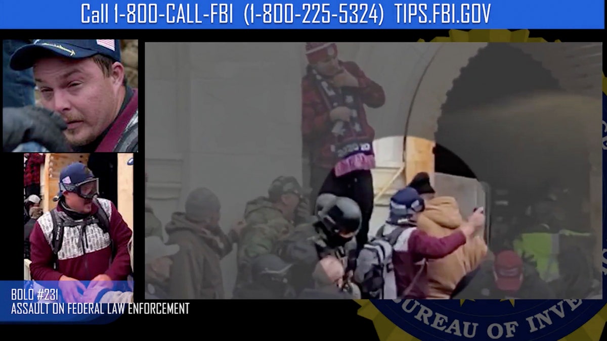 This image from FBI video is seeking information on a suspect in the violence at the U.S. Capitol on Jan. 6, 2021, in Washington. (FBI via AP)
