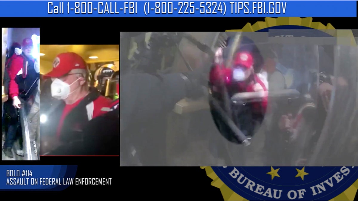 This image from FBI video is seeking information on a suspect in the violence at the U.S. Capitol on Jan. 6, 2021, in Washington. (FBI via AP)