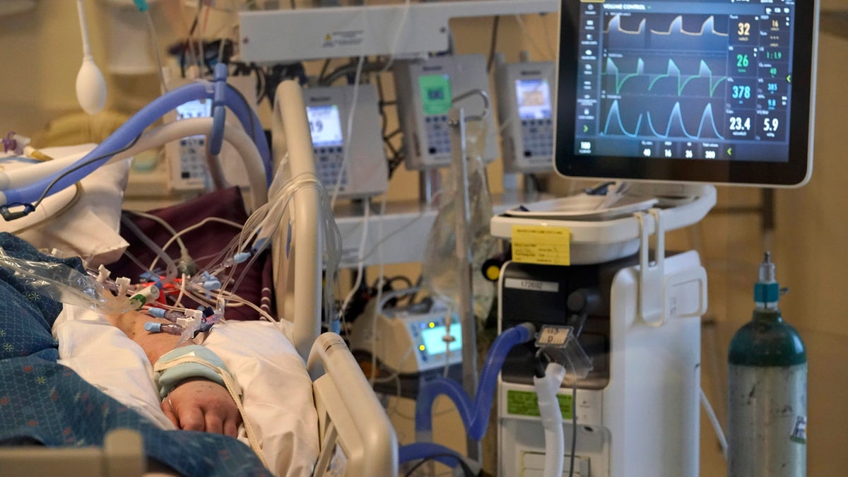 An unidentified COVID-19 patient is attached to life-support systems in the COVID-19 Intensive Care Unit at Dartmouth-Hitchcock Medical Center, in Lebanon, N.H. (AP Photo/Steven Senne)