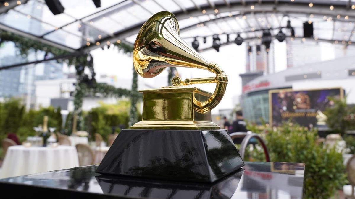 FILE - A decorative Grammy is seen before the start of the 63rd annual Grammy Awards at the Los Angeles Convention Center on Sunday, March 14, 2021.