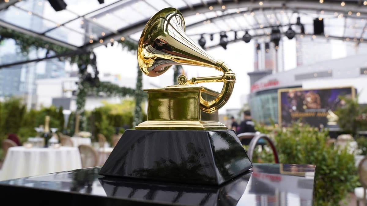 FILE - A decorative Grammy is seen before the start of the 63rd annual Grammy Awards at the Los Angeles Convention Center on Sunday, March 14, 2021.