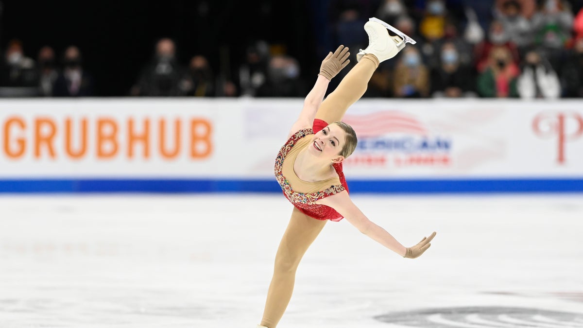 Gracie Gold competes in the women's free skate program during the U.S. Figure Skating Championships Friday, Jan. 7, 2022, in Nashville, Tenn. (AP Photo/Mark Zaleski)