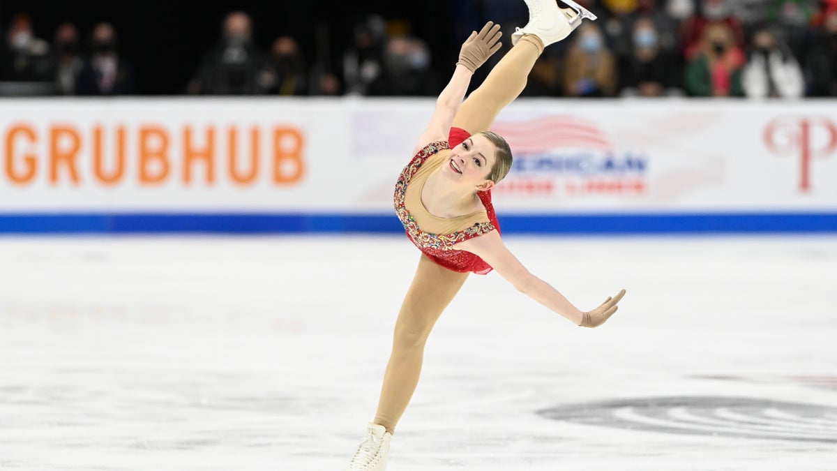 Gracie Gold competes in the women's free skate program during the U.S. Figure Skating Championships Friday, Jan. 7, 2022, in Nashville, Tenn. (AP Photo/Mark Zaleski)