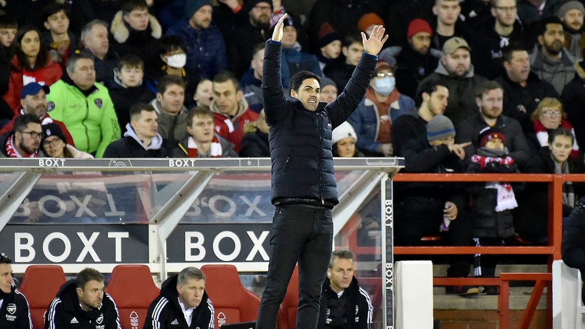 Arsenal's manager Mikel Arteta gestures during the English FA Cup third round soccer match between Nottingham Forest and Arsenal at the City Ground, Nottingham, England, Sunday, Jan. 9, 2022.