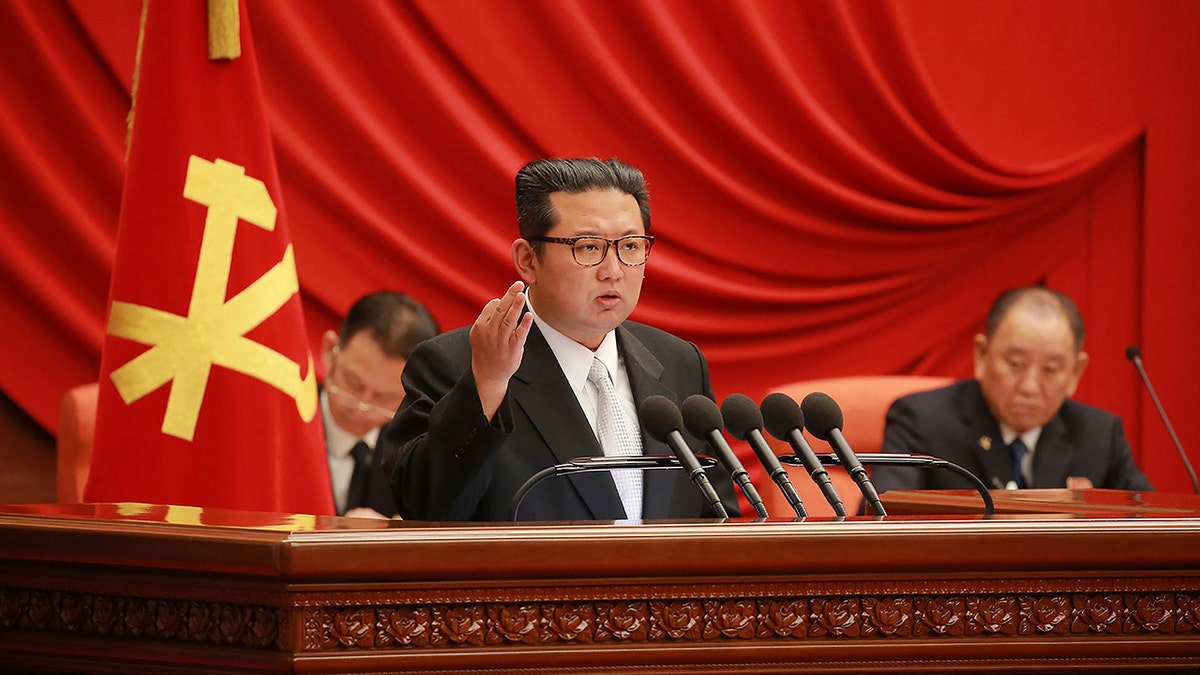 North Korean leader Kim Jong Un, center, attends a meeting of the Central Committee of the ruling Workers' Party in Pyongyang, North Korea. The photo was taken during Dec. 27 - Dec. 31, 2021, according to the source. (Korean Central News Agency/Korea News Service via AP)
