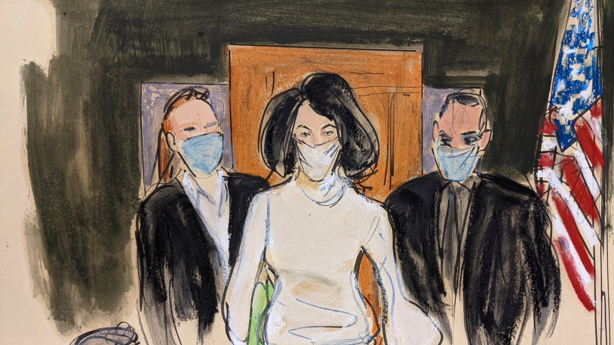 In this courtroom sketch, Ghislaine Maxwell enters the courtroom escorted by U.S. Marshalls at the start of her trial, Monday, Nov. 29, 2021, in New York (AP Photo/Elizabeth Williams, File)