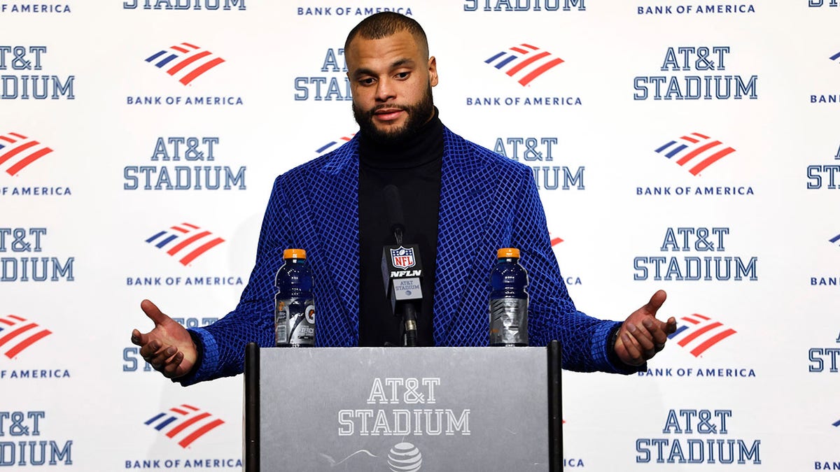 Dallas Cowboys quarterback Dak Prescott speaks during a news conference following an NFL wild-card playoff football game against the San Francisco 49ers in Arlington, Texas, Sunday, Jan. 16, 2022.