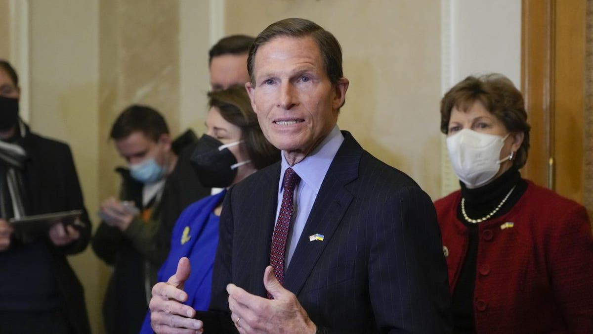 U.S. Senator from Connecticut Richard Blumenthal give a briefing at Ukrainian Presidential office after their meeting with Ukrainian President Volodymyr Zelenskyy in Kyiv, Ukraine, Monday, Jan. 17, 2022. 