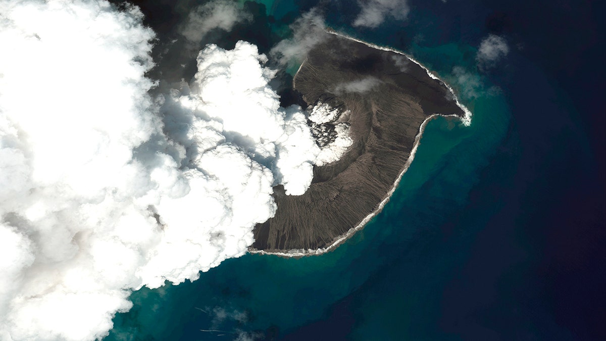 A satellite image of Hunga Tonga Hunga Ha'apai volcano 
