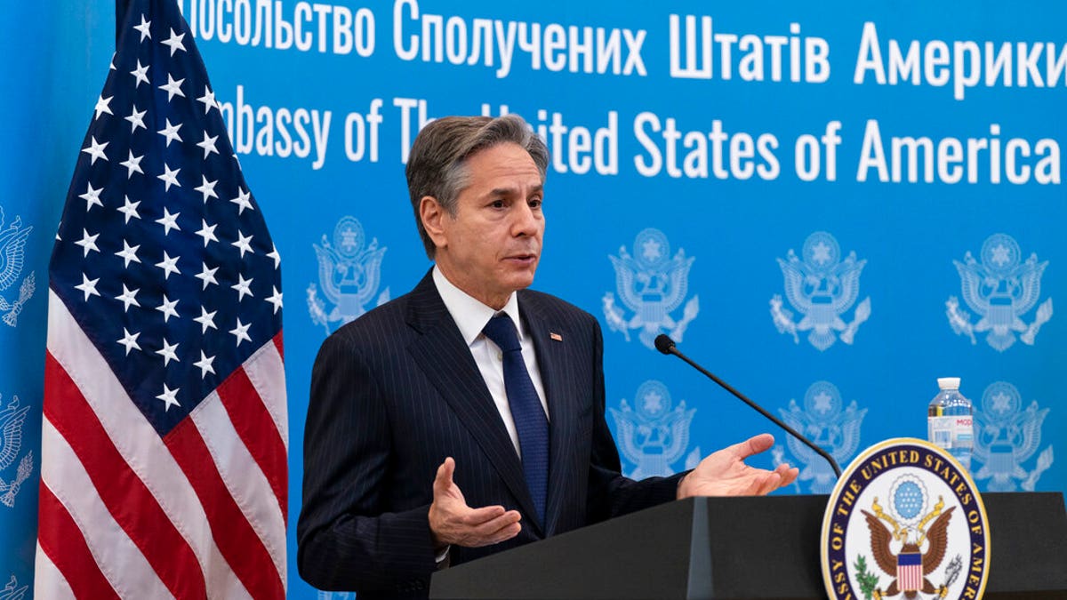 United States Secretary of State Antony Blinken speaks as he greets embassy staff at the U.S. embassy, in Kyiv, Ukraine, Wednesday, Jan. 19, 2022. (AP Photo/Alex Brandon, Pool)