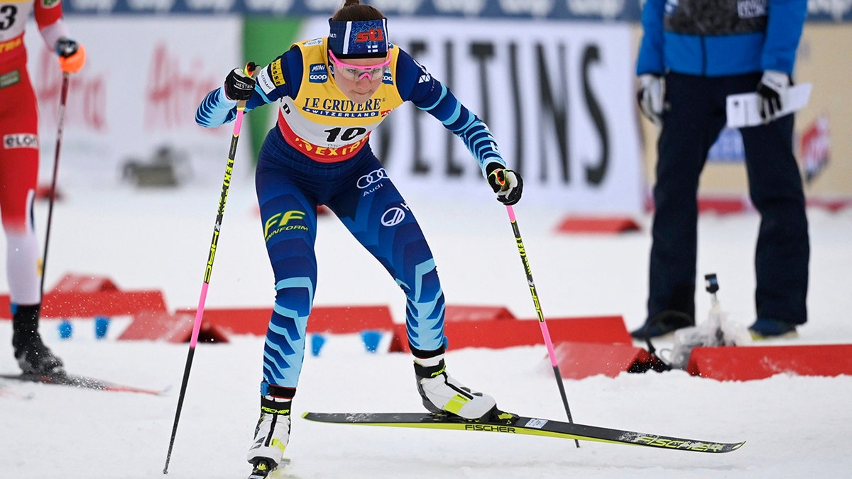 FILE - Norway's Anne Kjersti Kalvaa competes during a women's cross country skiing freestyle 10 km pursuit competition at the FIS World Cup Ruka Nordic event in Kuusamo, Finland, on Nov. 29, 2020.  (Emmi Korhonen/Lehtikuva via AP, File)