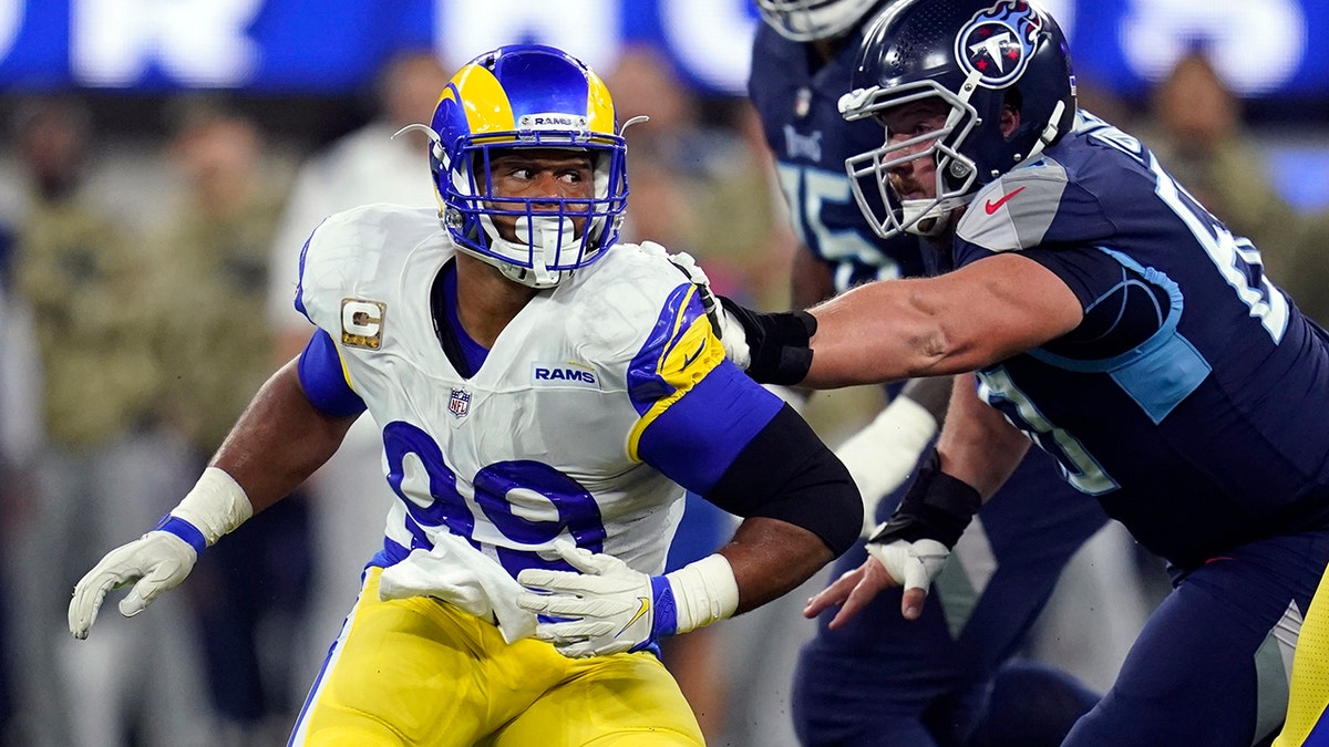 Los Angeles Rams defensive end Aaron Donald in isolated action during the first half of an NFL football game against the Tennessee Titans on Nov. 7, 2021, in Inglewood, California.